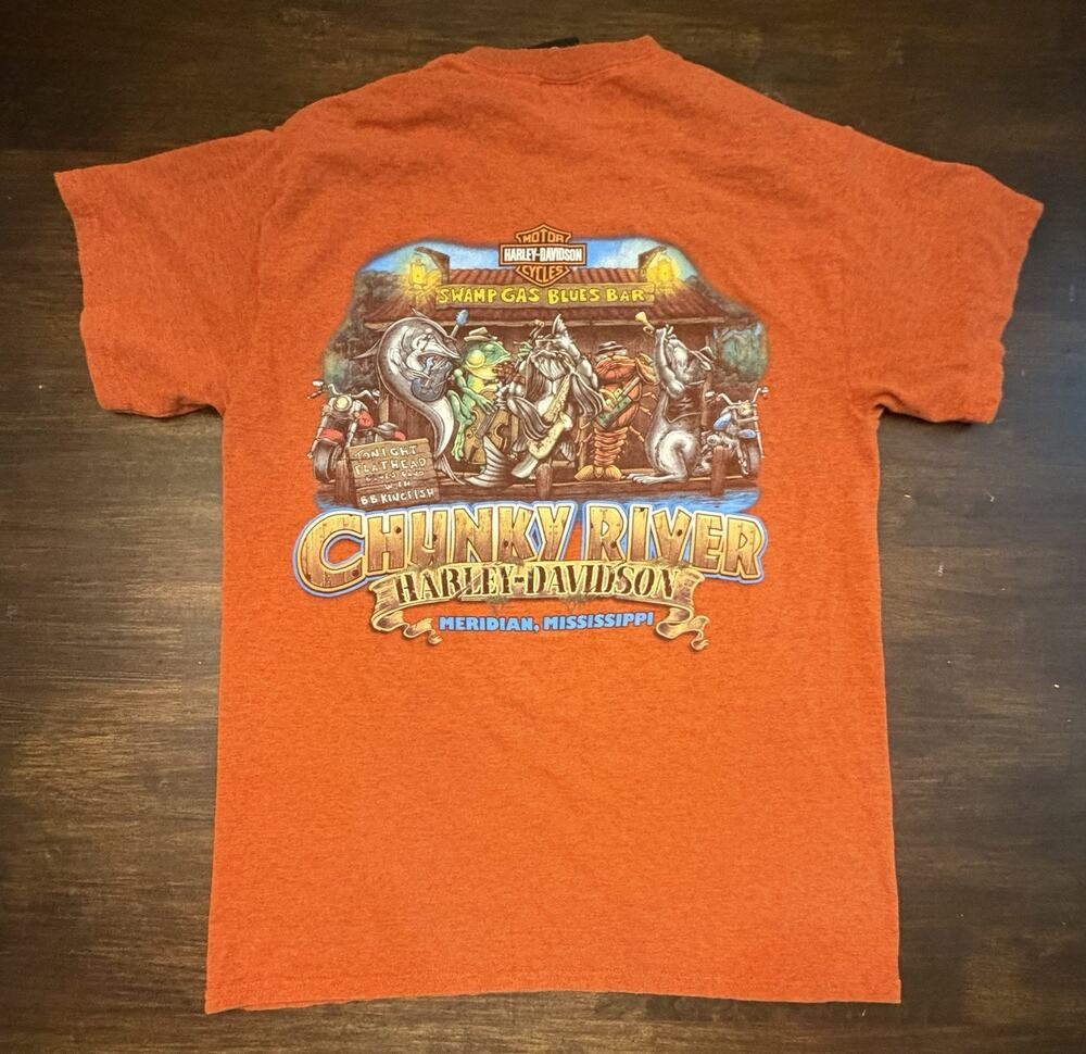 Harley Davidson Shirt Medium Orange Chunky River Meridian Mississippi Motorcycle